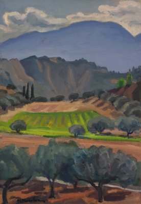 Derveni Area: Olive Trees, Fields, Mountains — Oil painting, Fiberboard, 36.00×51.00cm — Theodoros Markellos